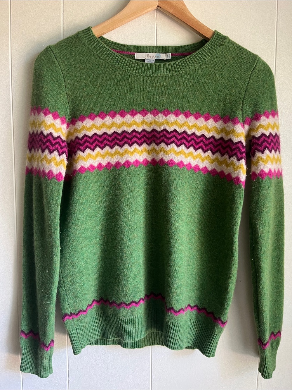 Boden Green Fair Isle Crewneck Sweater with Pink and Yellow Stripes Sz 4